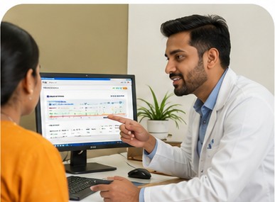 A Medivexa Labs physician explaining a smart report to a patient